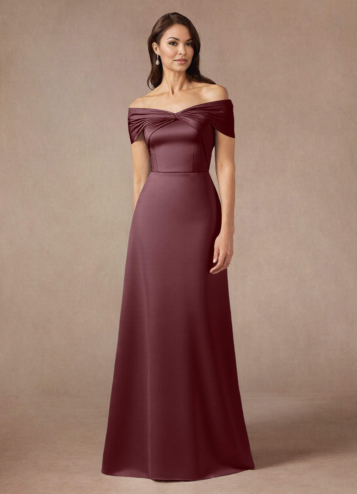 Azazie Amelia Mother of the Bride Dresses Sangria A-Line Off the Shoulder Stretch Satin Dress image1