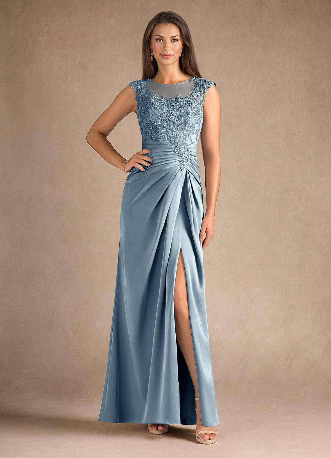 Azazie Santa Barbara Mother of the Bride Dresses Dusty Blue Sheath Pleated Stretch Satin Dress image1