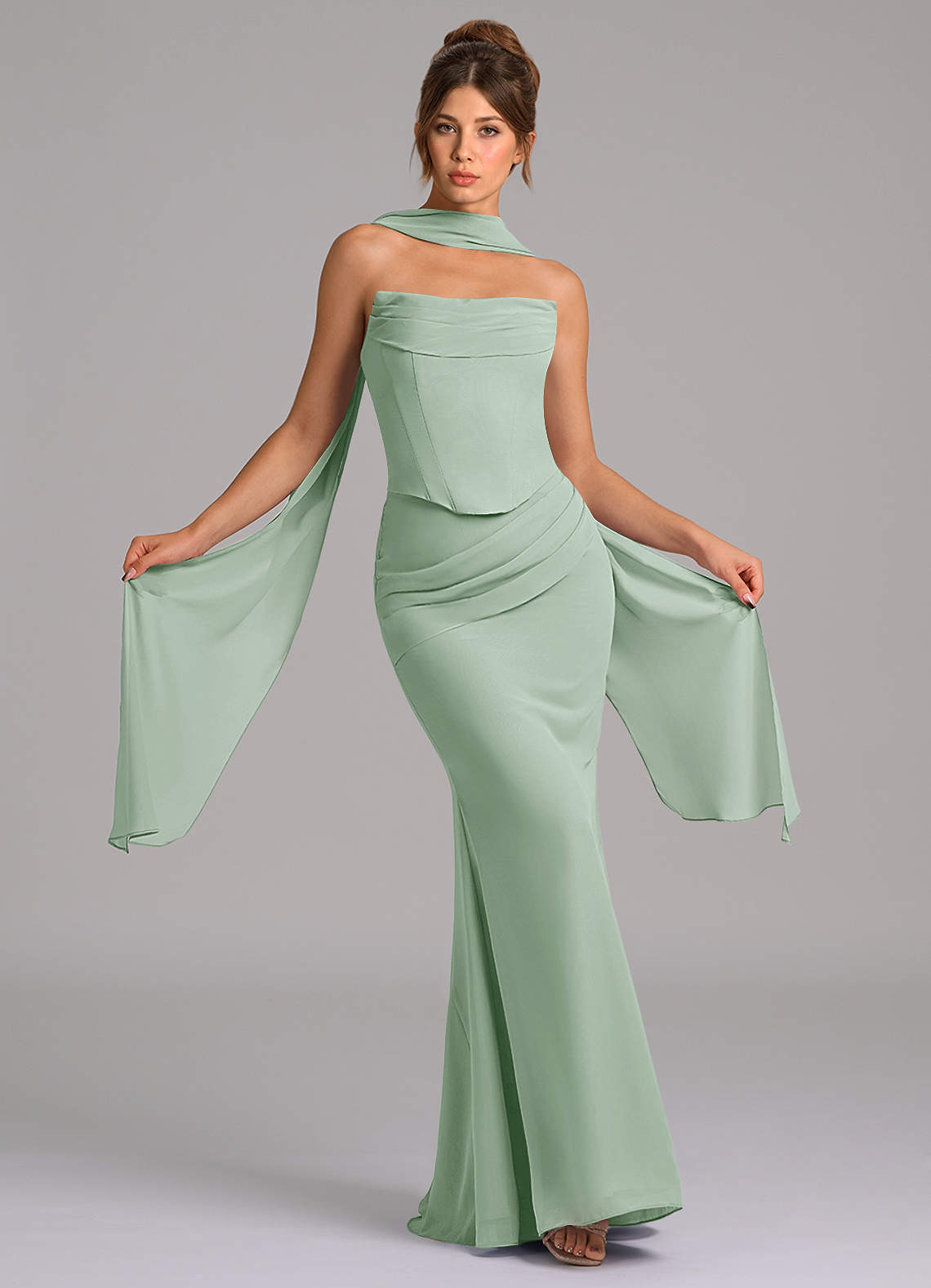 Azazie Sorrel Prova i vestiti a casa Abito Sirena in Chiffon Corsetto Agave image1