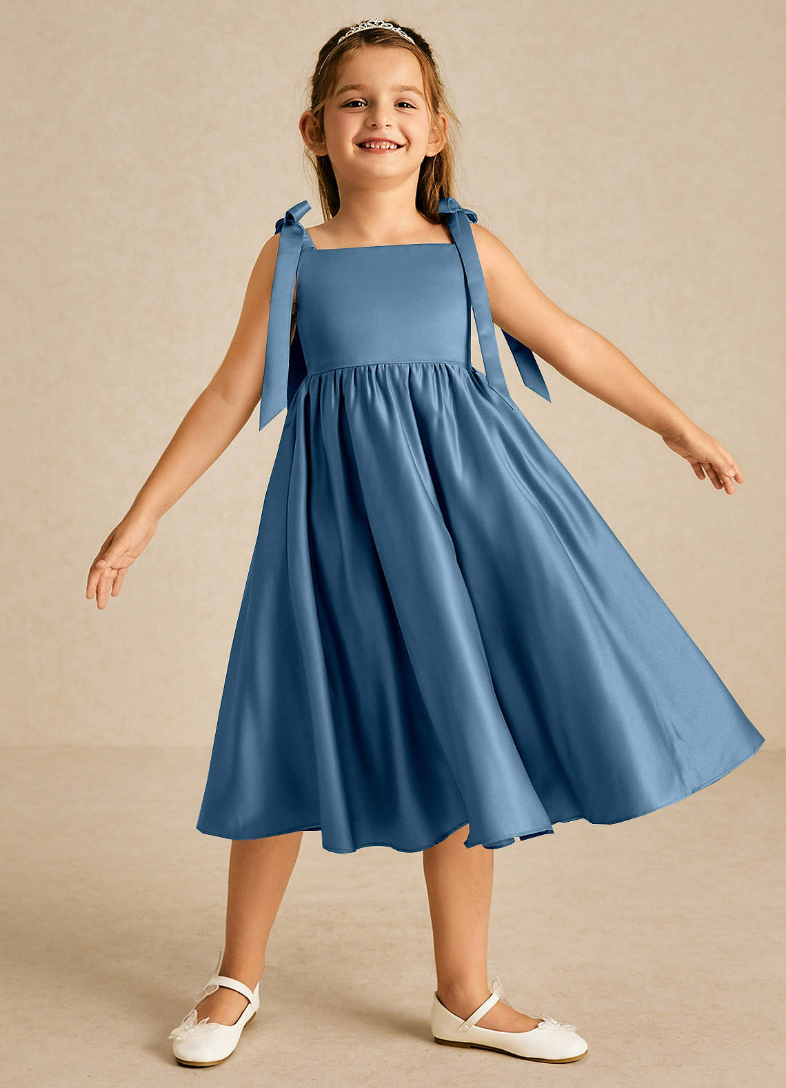 Azazie Chelsie Flower Girl Dresses Bermuda A-Line Bow Matte Satin Dress image1