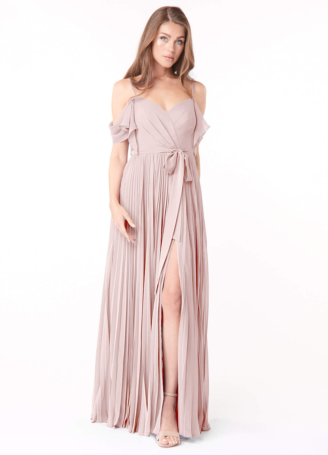 Azazie Lyney Bridesmaid Dresses Blushing Pink A-Line Off the Shoulder Chiffon Dress image1