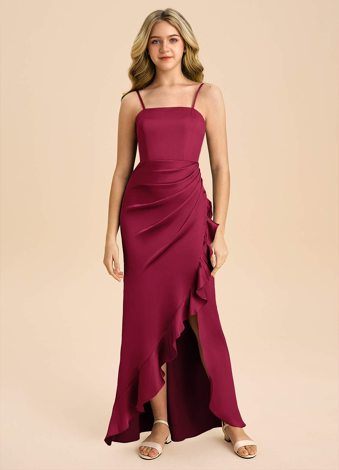 Azazie Buzzy Junior Vaippa Pliseerattu Joustava satiini Lattian pituus Nuorempi morsiusneito Pukeutua image2