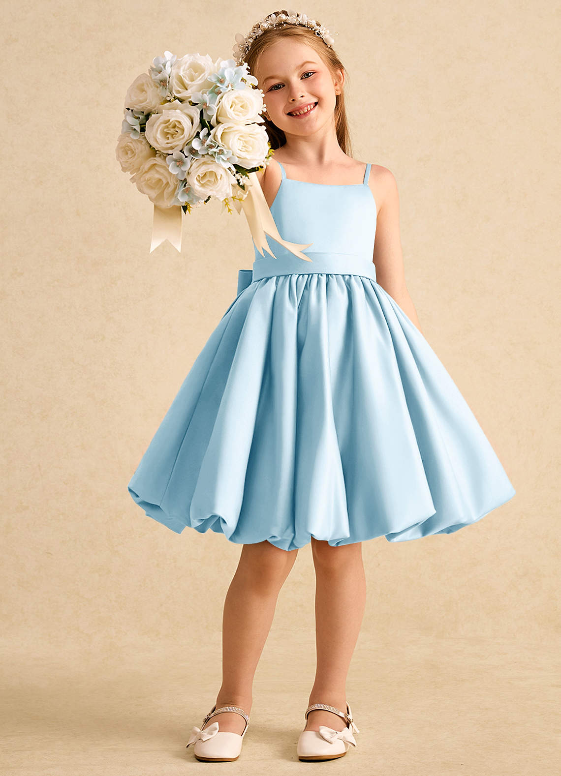 Azazie Davine Flower Girl Dresses Sky Blue A-Line Spaghetti Strap Matte Satin Dress image6