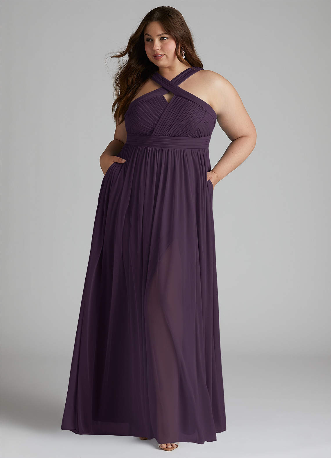 Azazie Hillian Bridesmaid Dresses Plum A-Line Halter Pleated Mesh Dress image1