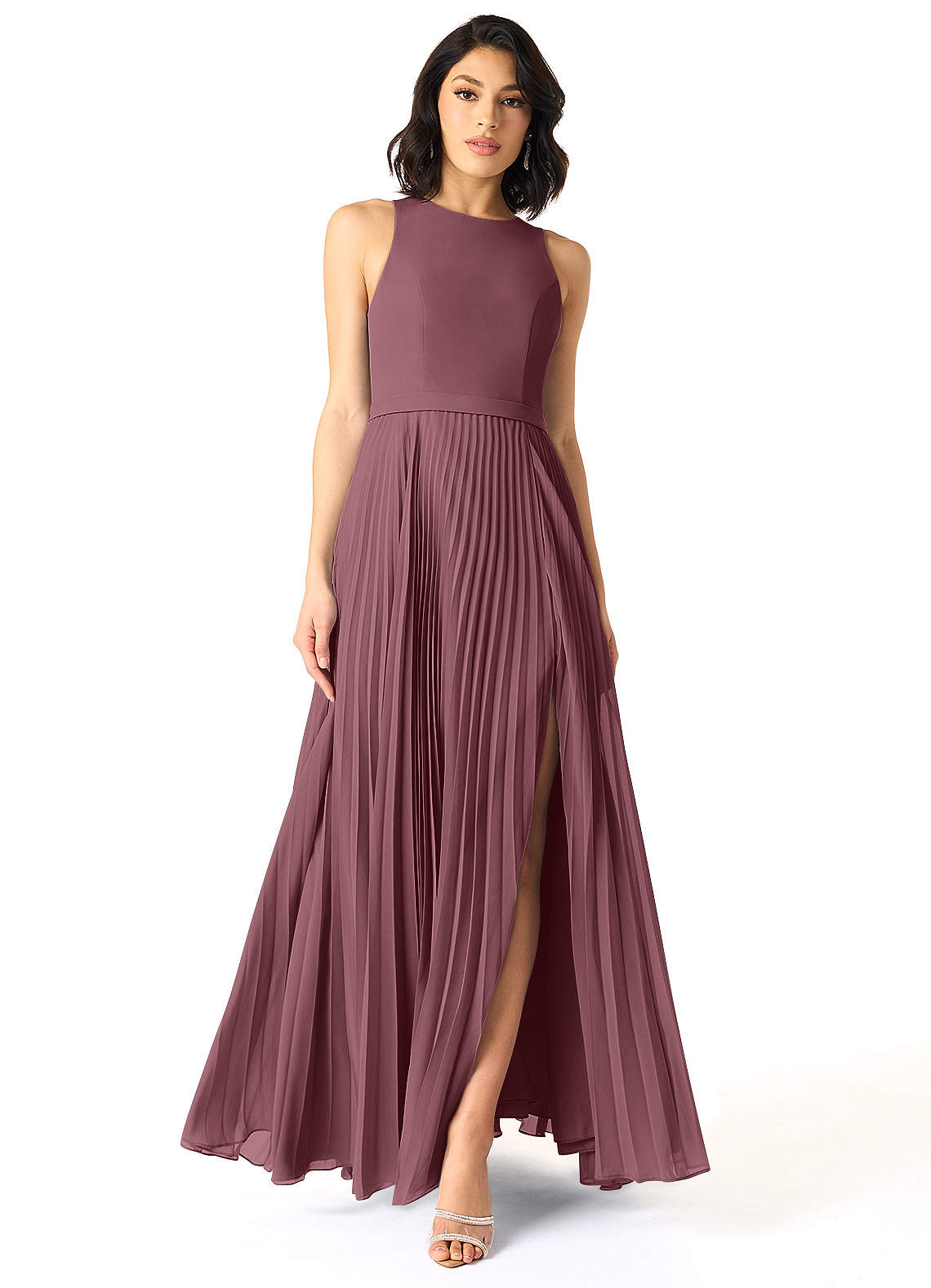 Azazie Lindie Bridesmaid Dresses Sangria A-Line Scoop Pleated Chiffon Dress image1
