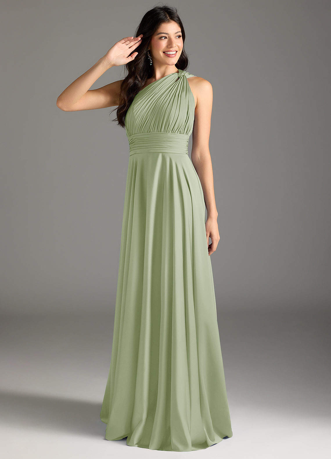 Azazie Charlize Bridesmaid Dresses Dusty Sage A-Line One Shoulder Stretch Satin Dress image1