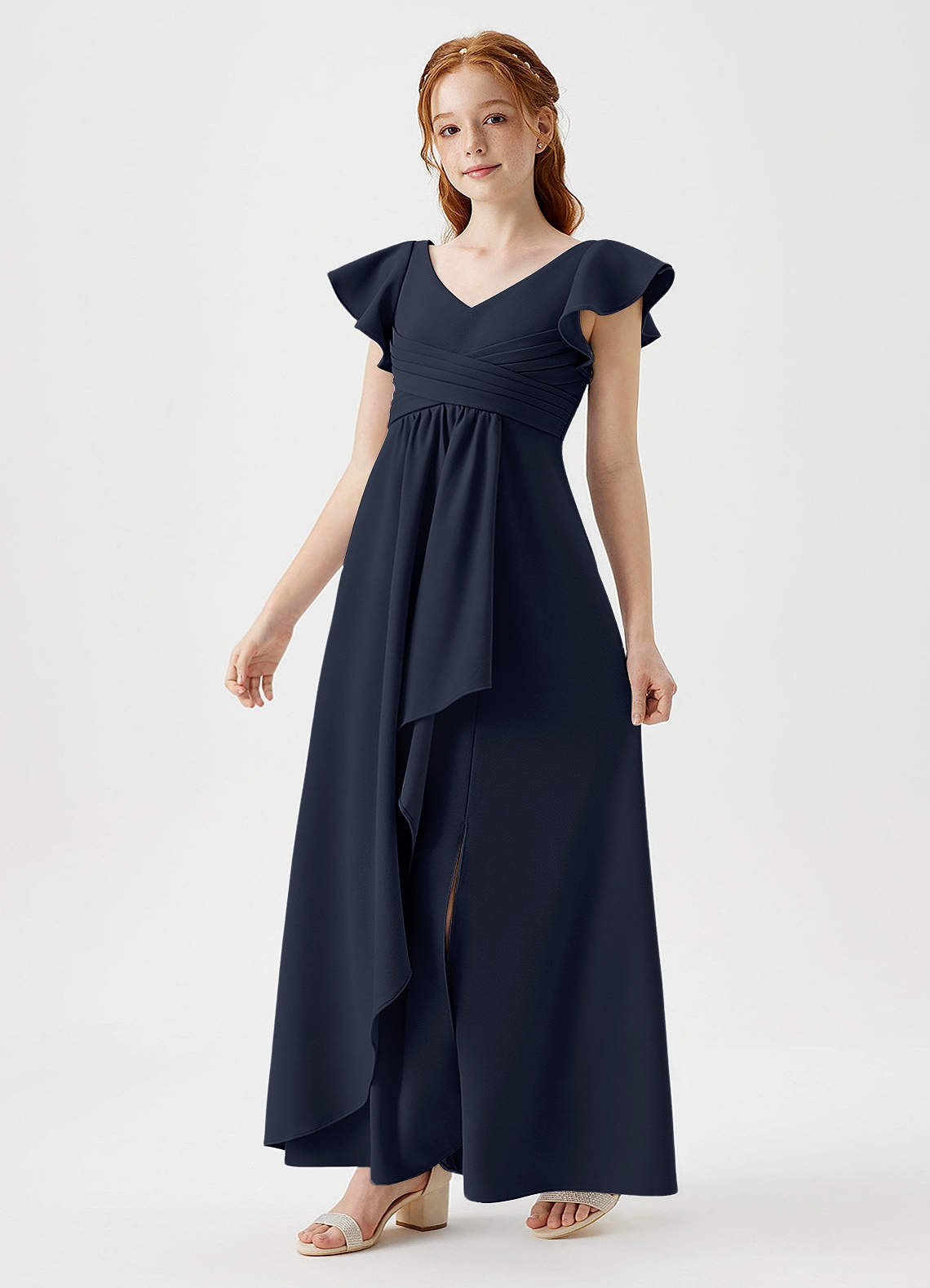 Azazie Omari Junior Dark Navy A-Line Pleated Stretch Crepe Dress image1