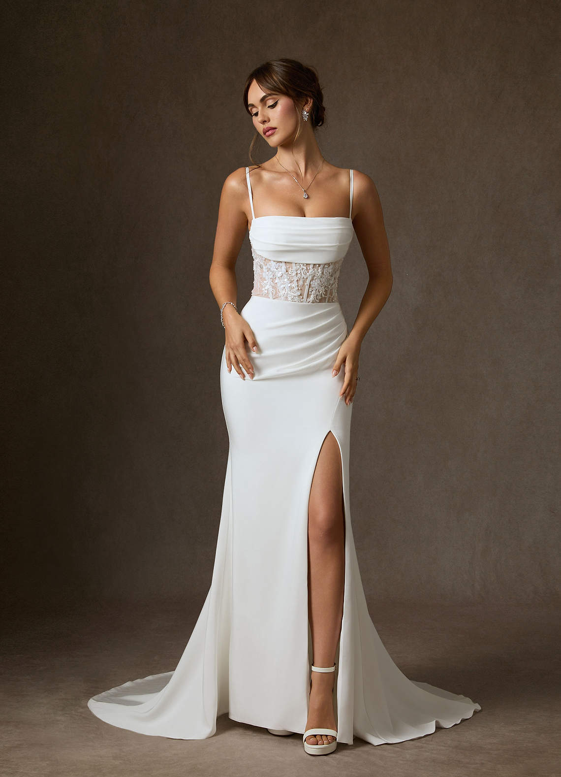 Azazie Alyce Wedding Dresses Diamond White Nude Mermaid Off the Shoulder Crepe Back Satin Dress image6