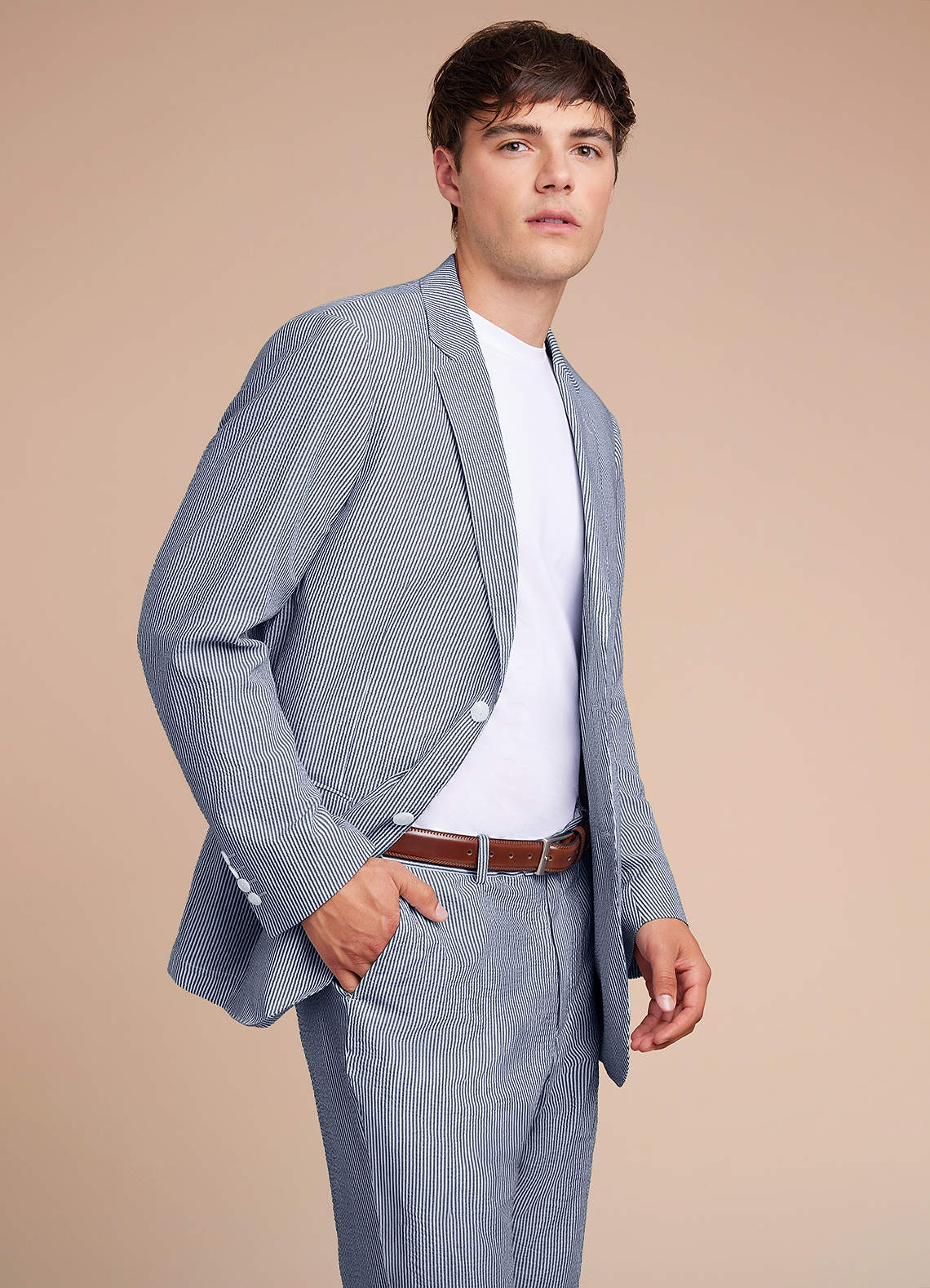 front Gavin Azul Chaqueta de traje de seersucker a rayas