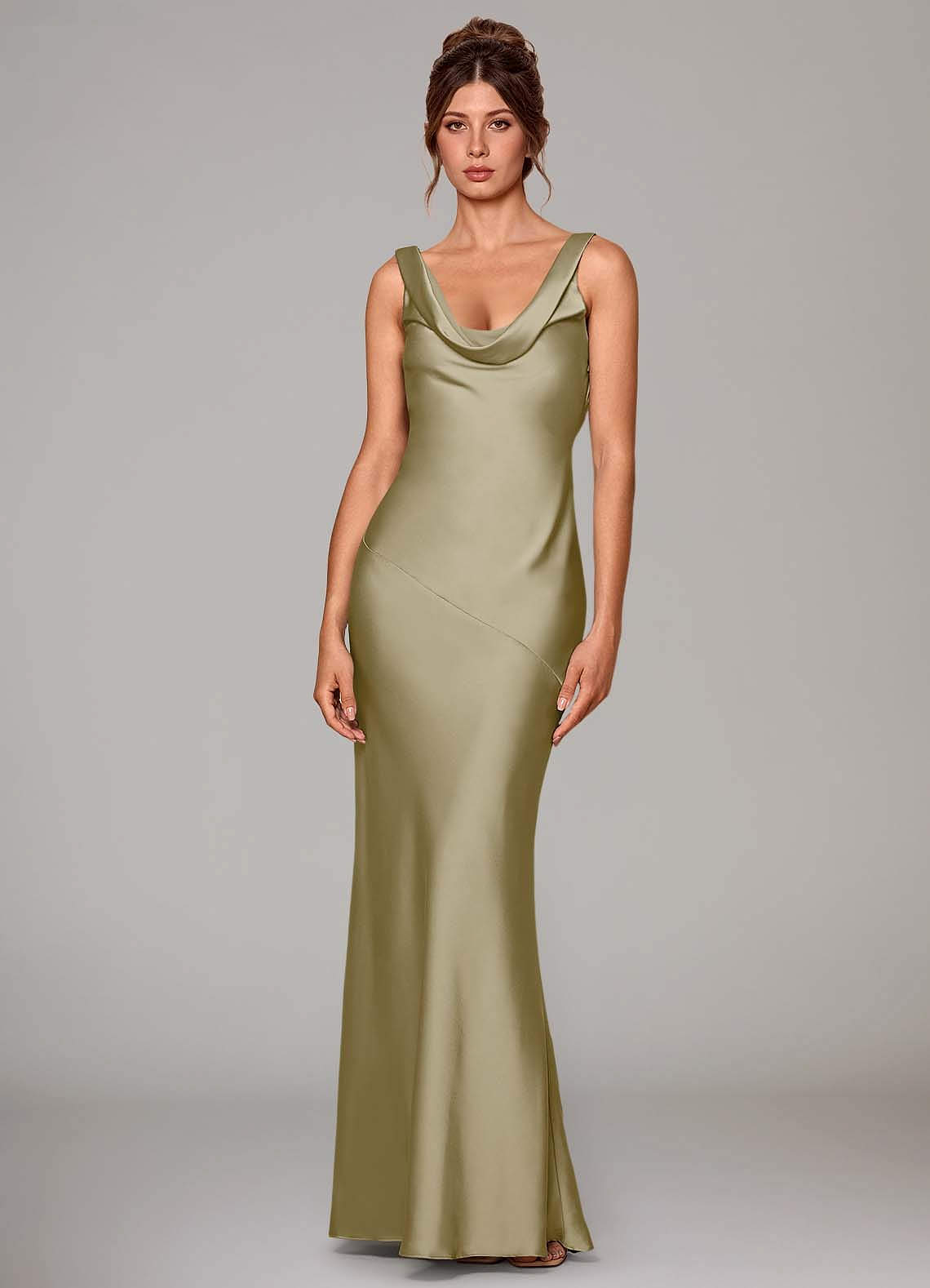 moss green satin dress KissProm Mermaid V-Neck Bridesmaid With Slit in Green, Moss / 12 Batwing sleeve shape Moss Green Satin Sheath Split