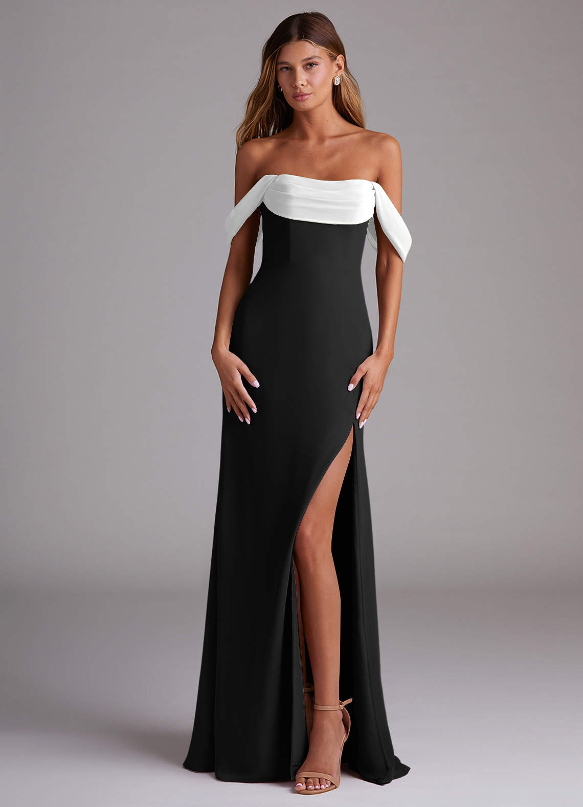 Azazie Saige Bridesmaid Dresses Ivory Black A-Line Off the Shoulder Chiffon Convertible Dress image1