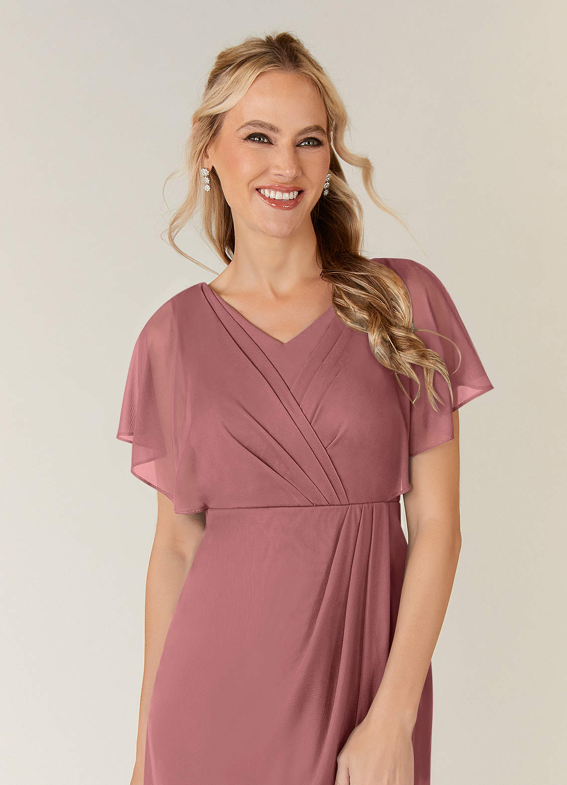 Azazie Waverly Mother of the Bride Dresses Desert Rose Sheath Pleated Mesh Dress image4