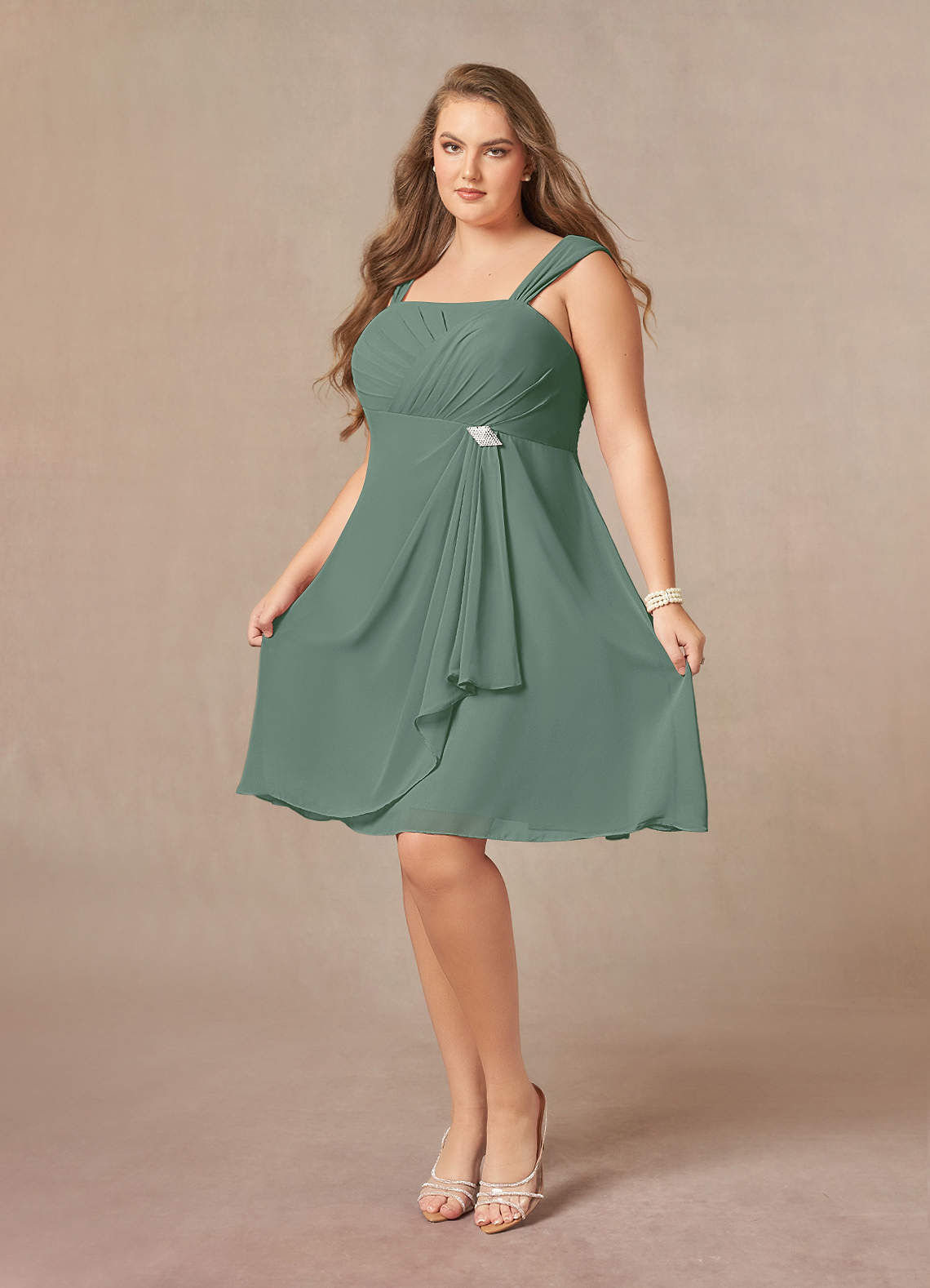 Azazie Olivia Mother of the Bride Dresses Eucalyptus A-Line Square Neckline Pleated Chiffon Dress image9