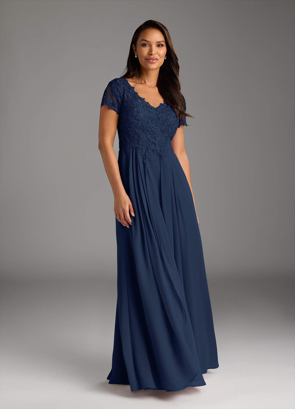 Azazie Dunja Dark Navy A-Line V-Neck Lace Chiffon Dress | Azazie