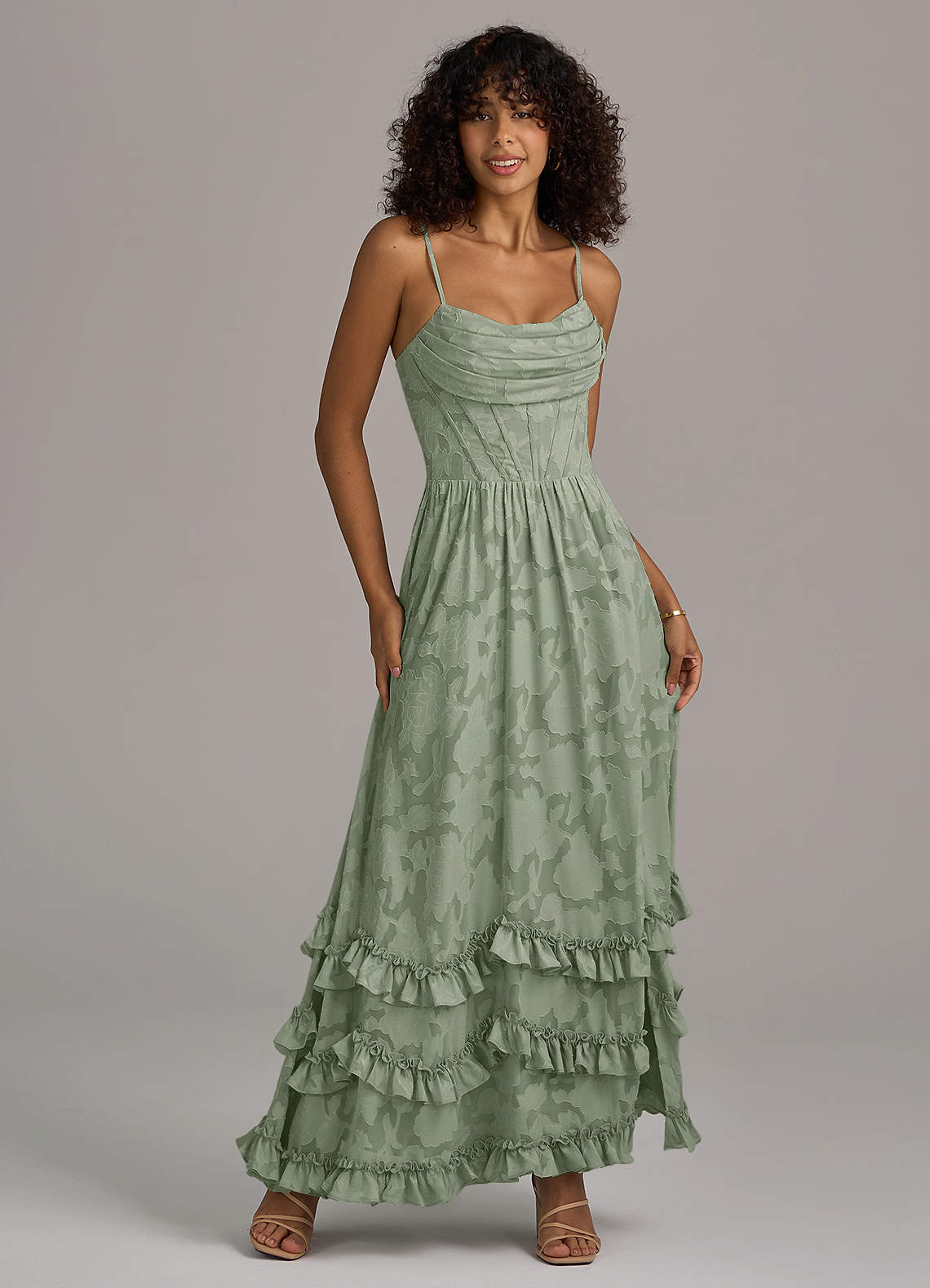 Azazie Lettie Robes de demoiselle d'honneur Robe Trapèze en Blumen-Burnout Corset Agave image1