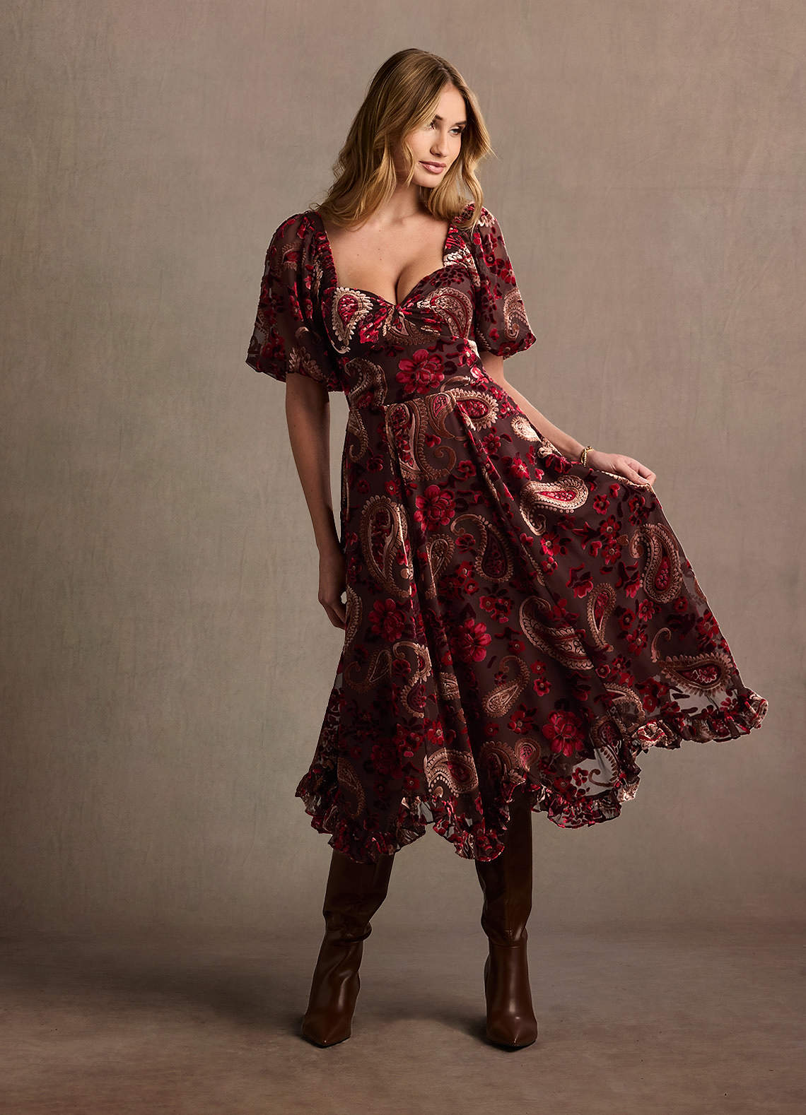 Juno Midi Dress with Fringe Cape - Red