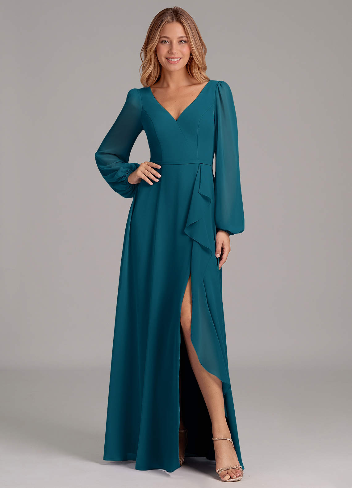 Azazie Simone Bridesmaid Dresses Ink Blue A-Line Long Sleeve Chiffon Dress image1