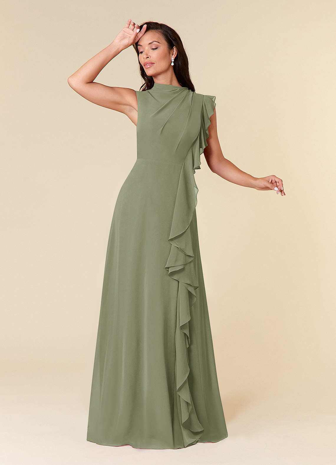 Azazie Narine Pistachio A-Line High Neckline Pleated Chiffon Dress