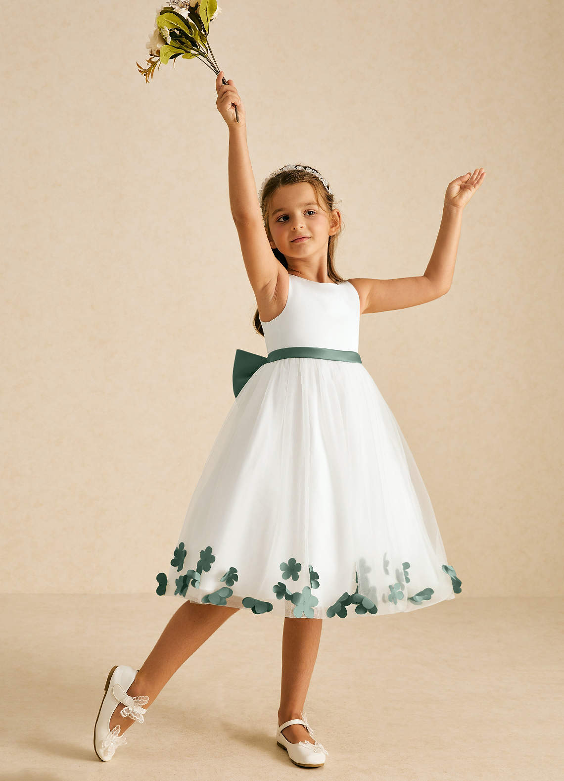 Azazie Dot Flower Girl Dresses Ivory Eucalyptus A-Line Bow Tulle Dress image2