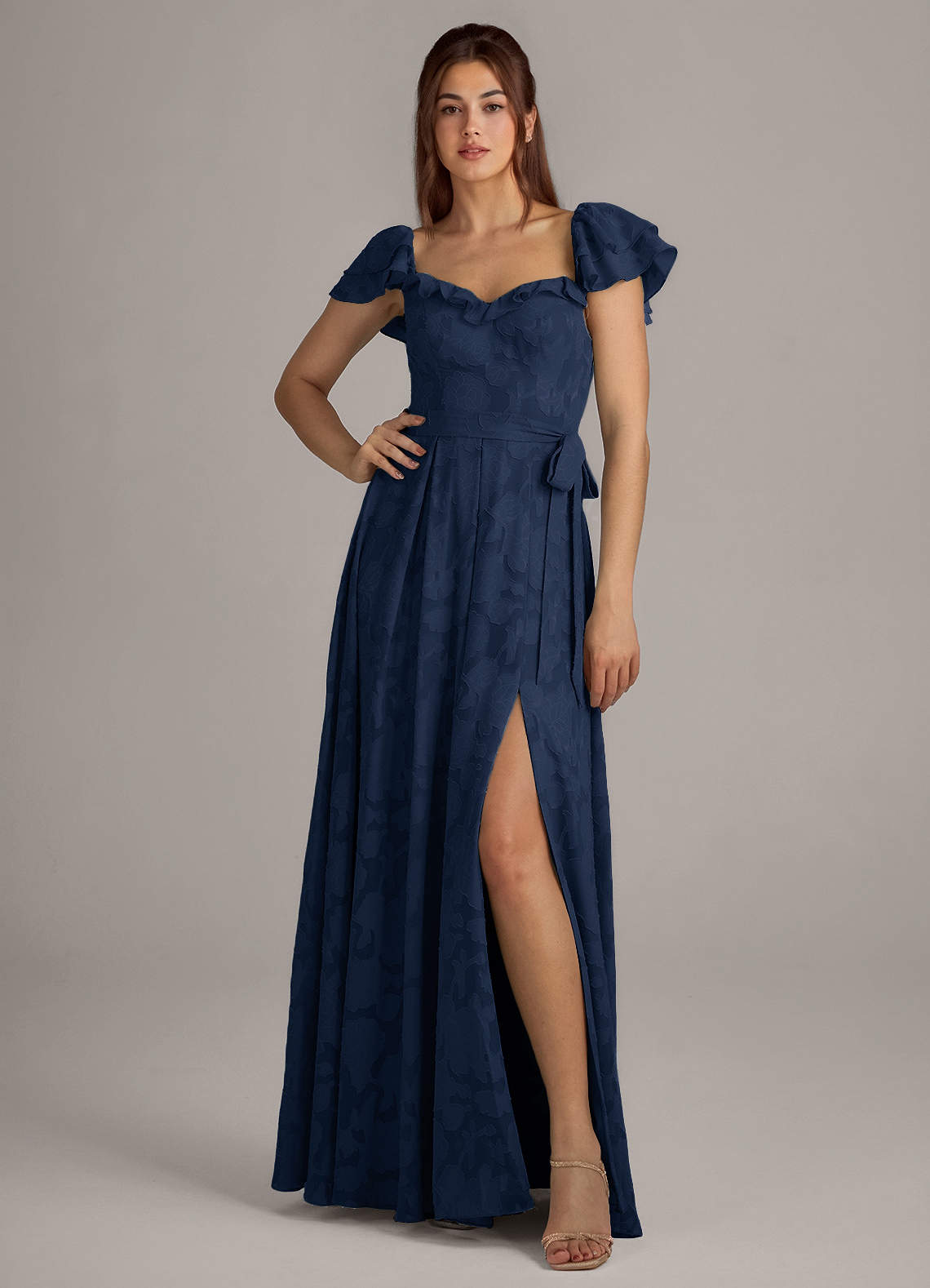 Azazie Aricella Robes de demoiselle d'honneur Robe Trapèze en Blumen-Burnout Corset Bleu Marine Foncé image1