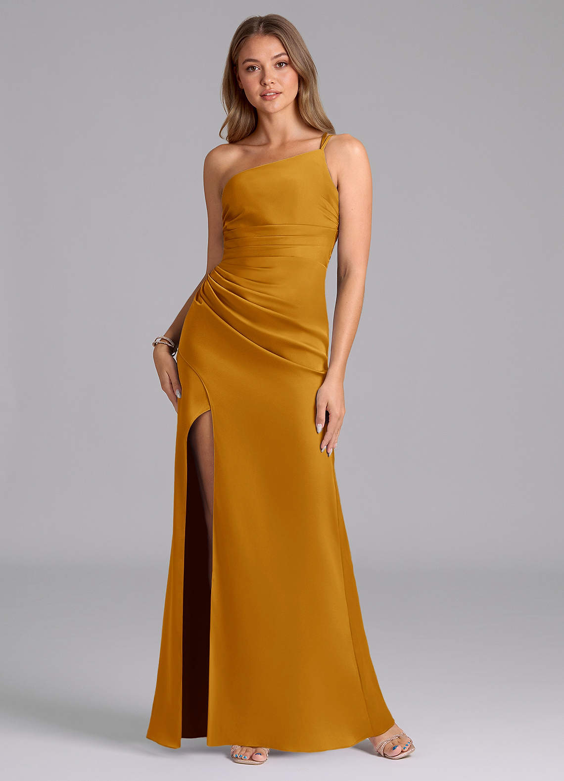 Azazie Eren Bridesmaid Dresses Butterscotch Mermaid One Shoulder Stretch Satin Dress image1