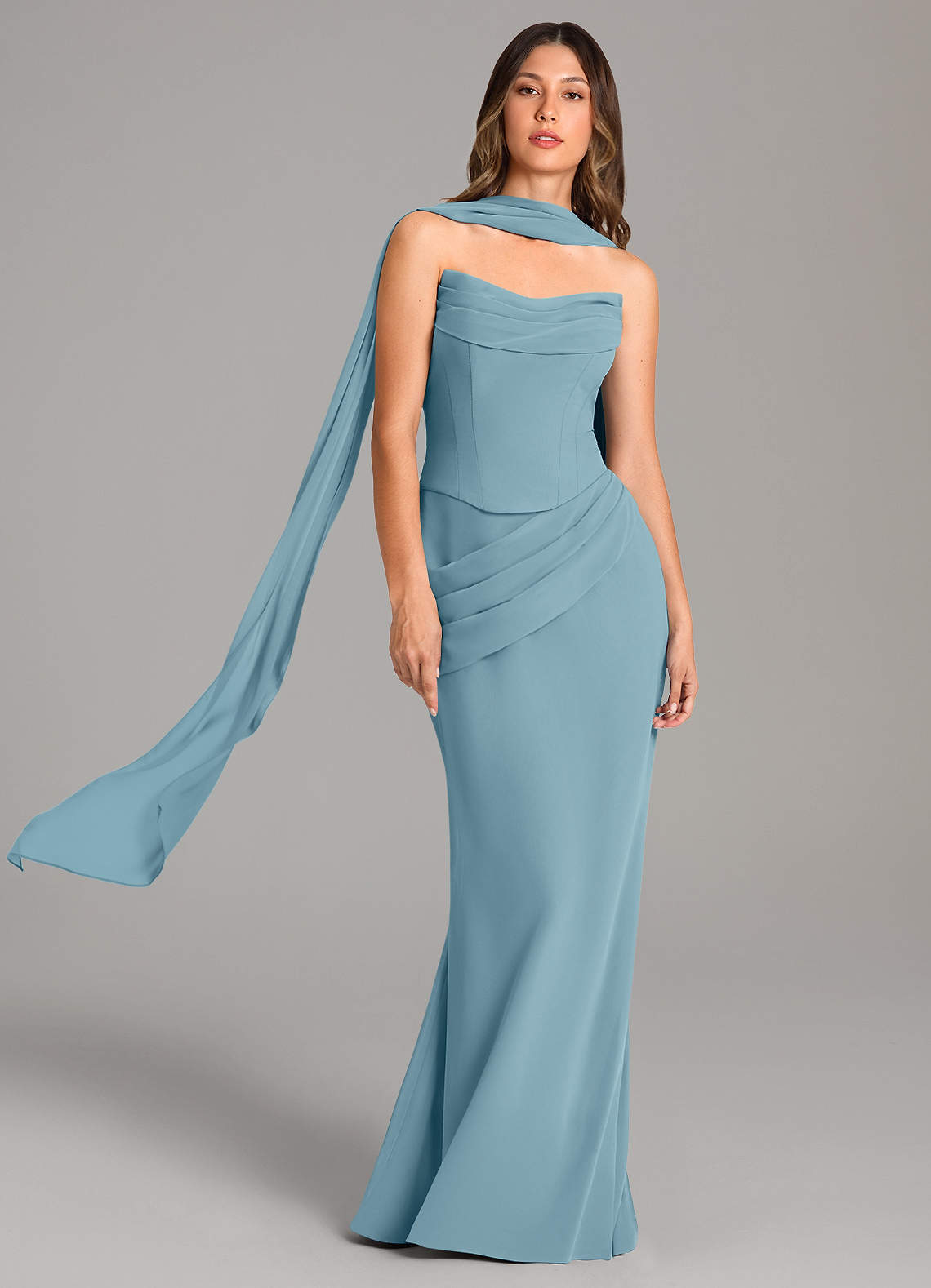 Azazie Sorrel Vestidos de damas de honor Vestido de Azul Malhumorado de Gasa de Corte Sirena con Corsé image1