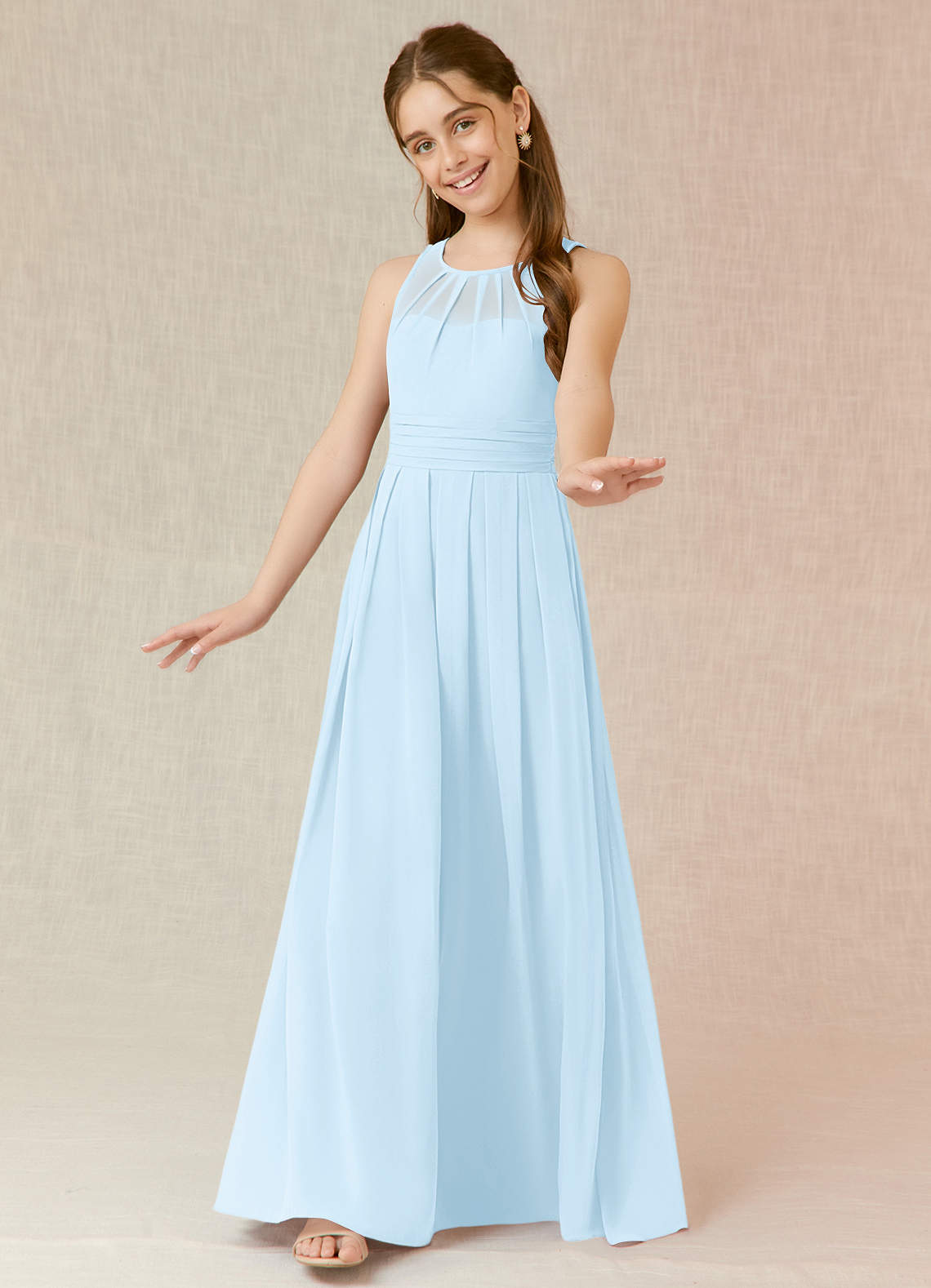 Azazie Bibiane Junior Sky Blue A-Line Pleated Chiffon Dress image3