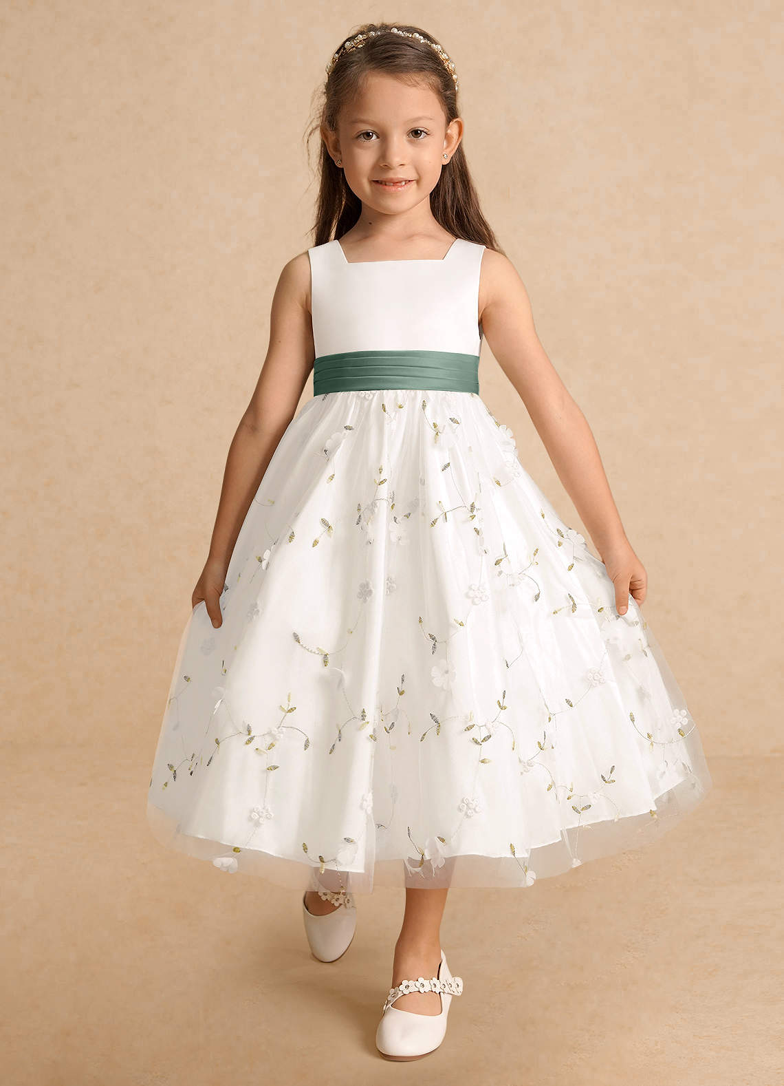 Azazie Pollie Flower Girl Dresses Ivory Eucalyptus A-Line Bow Tulle Dress image9