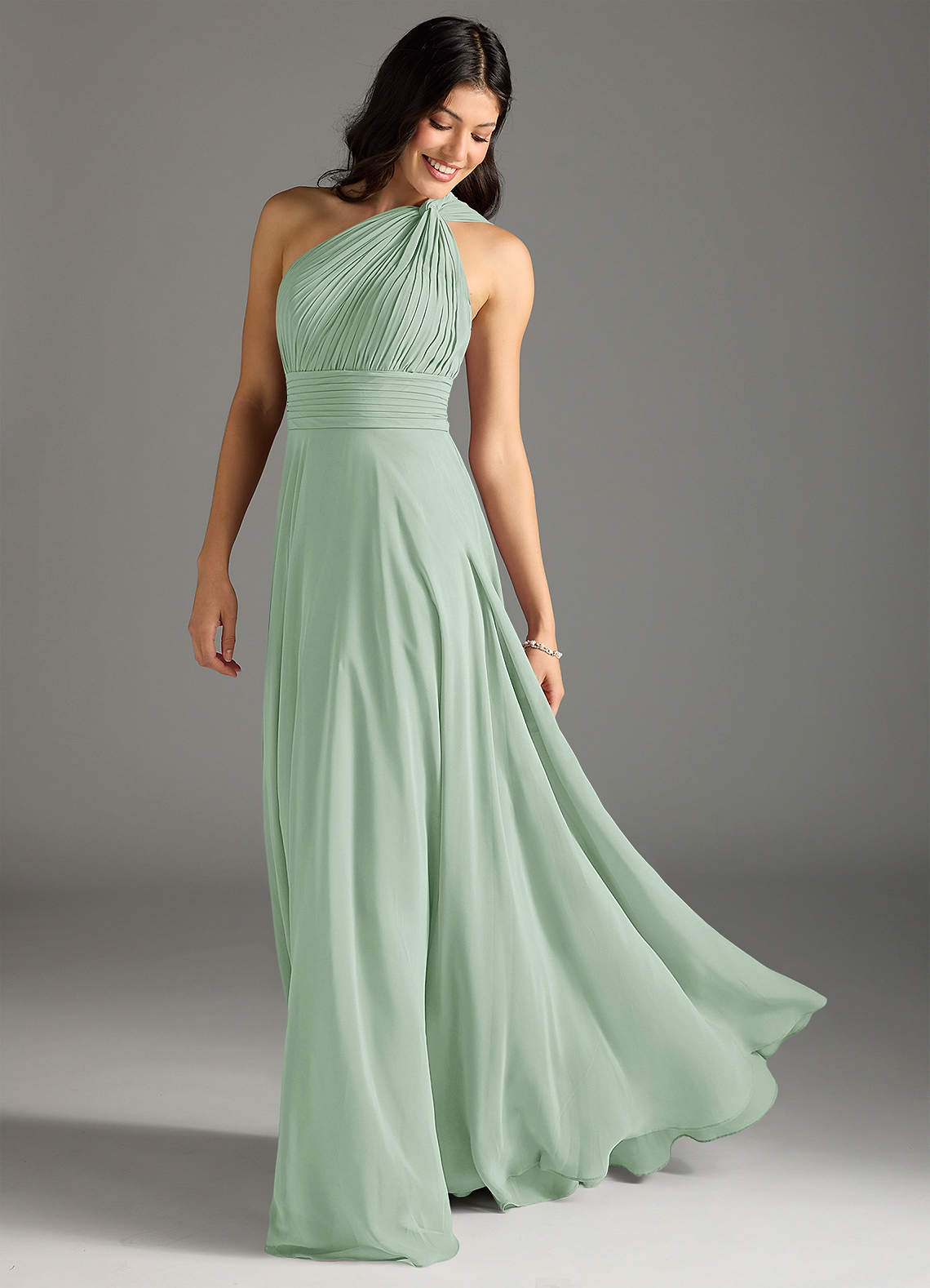 Azazie Charlize Bridesmaid Dresses Agave A-Line One Shoulder Chiffon Dress image1