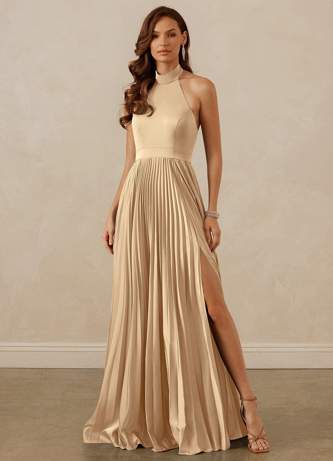 Christian Siriano Bridal for Azazie 1007 Bridesmaid Dresses Champagne A-Line Pleated Stretch Satin Dress image1