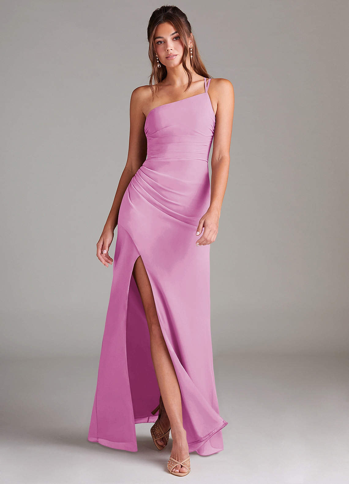 Azazie Eren Jurken voor bruidsmeisjes Jurk van Chiffon met Kolom One-Shoulder Snoep Roze image1