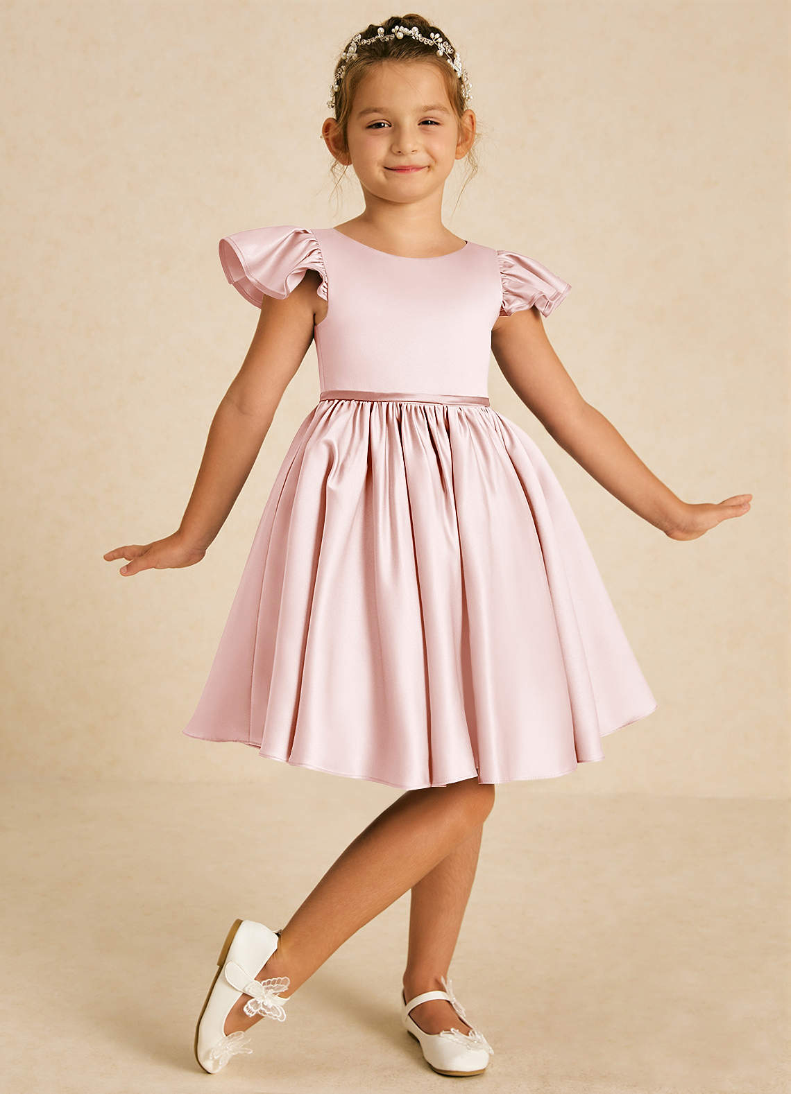Azazie Sugar Plum Abiti da Ragazza di Fiori Abito A-Line in Raso Opaco Fiocco Rosa Rossore image1