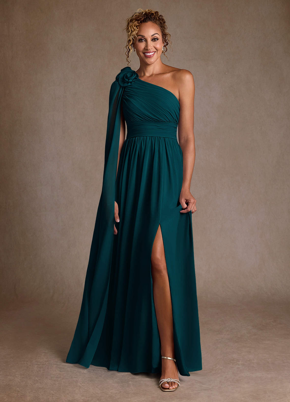 Azazie Lancaster Abiti per la Madre della Sposa Abito A-Line in Chiffon Monospalla Pino image1