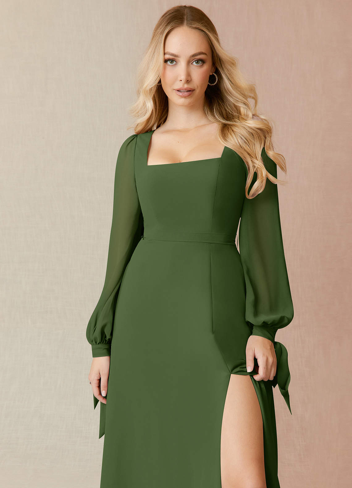 Azazie Leonia Bridesmaid Dresses Olive A-Line Long Sleeve Chiffon Dress image4