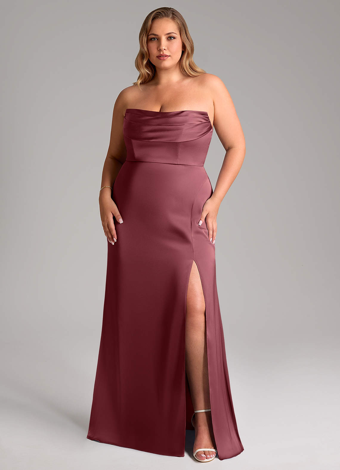 Azazie Saige Bridesmaid Dresses Desert Rose Sheath Off the Shoulder Stretch Satin Dress image16