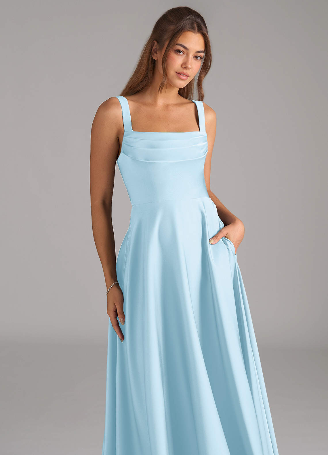 Azazie Shaude Bridesmaid Dresses Sky Blue A-Line Pleated Stretch Satin Dress image1