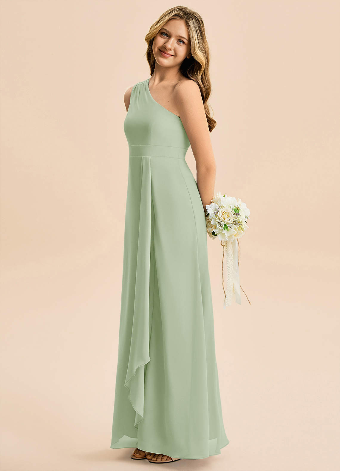 Azazie Delilah Junior Dusty Sage A-Line Ruched Chiffon Dress image2