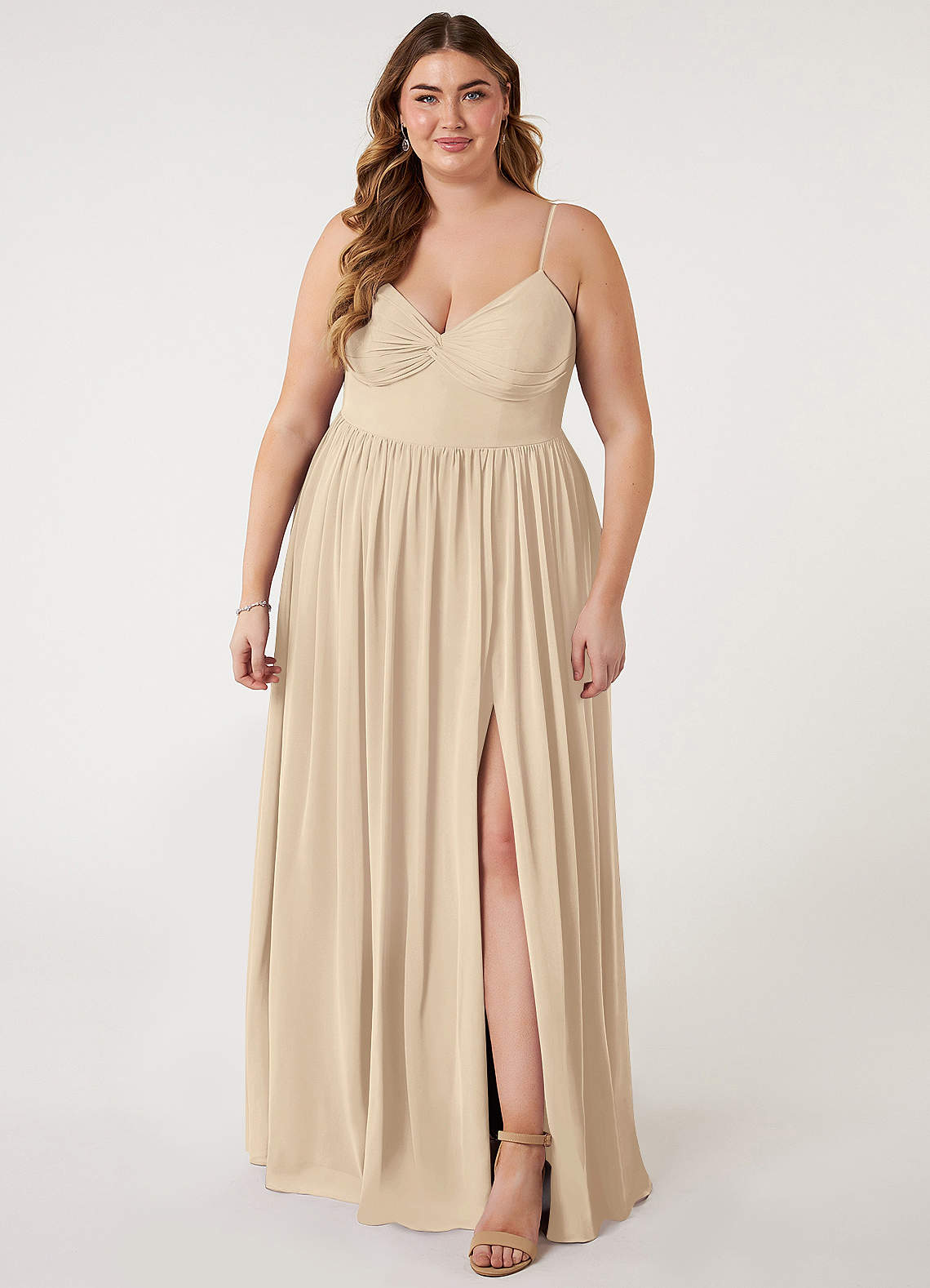 Azazie Zeya Bridesmaid Dresses Champagne A-Line V-Neck Pleated Chiffon Dress image5