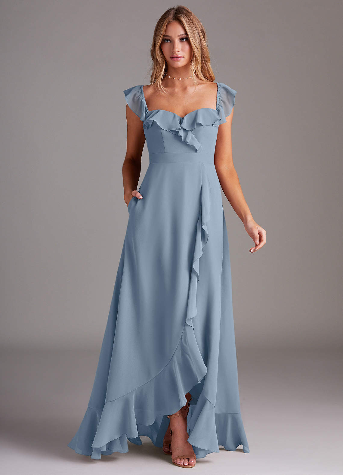 Azazie Lyra Bridesmaid Dresses Dusty Blue A-Line Chiffon Convertible Dress image2