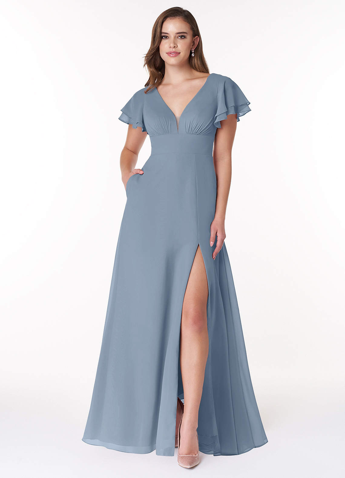 Azazie Ashika Final Sale Dusty Blue A-Line V-neck Ruched Chiffon Dress image1