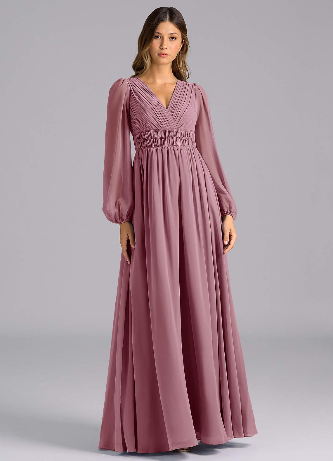 Azazie Palerma Bridesmaid Dresses Vintage Mauve A-Line Long Sleeve Chiffon Dress image1