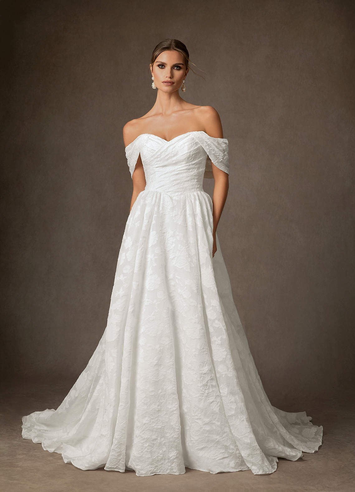 Azazie Carmine Diamond White A-Line Off the Shoulder Floral