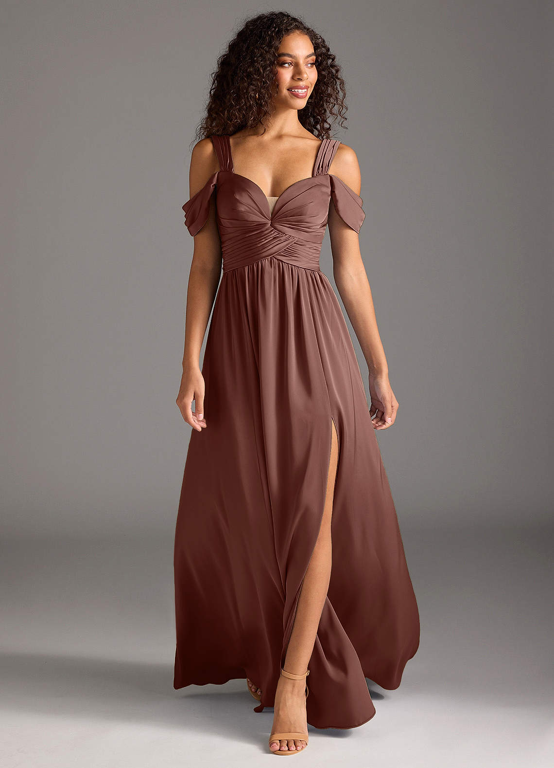 Azazie Lianne Brautjungfernkleider A-Linie Schulterfrei Stretch-Satin Kleid Espresso image1