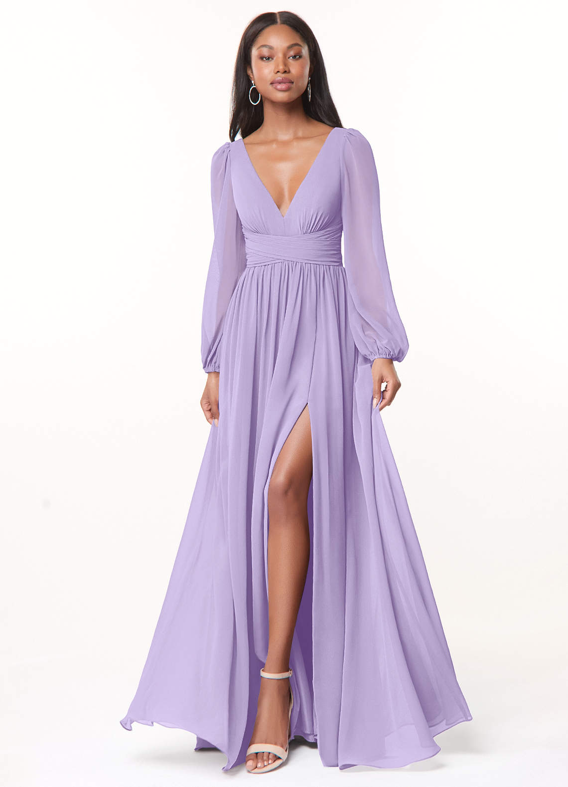 Azazie Norah Bridesmaid Dresses Lilac A-Line V-Neck Long Sleeve Chiffon Dress image1