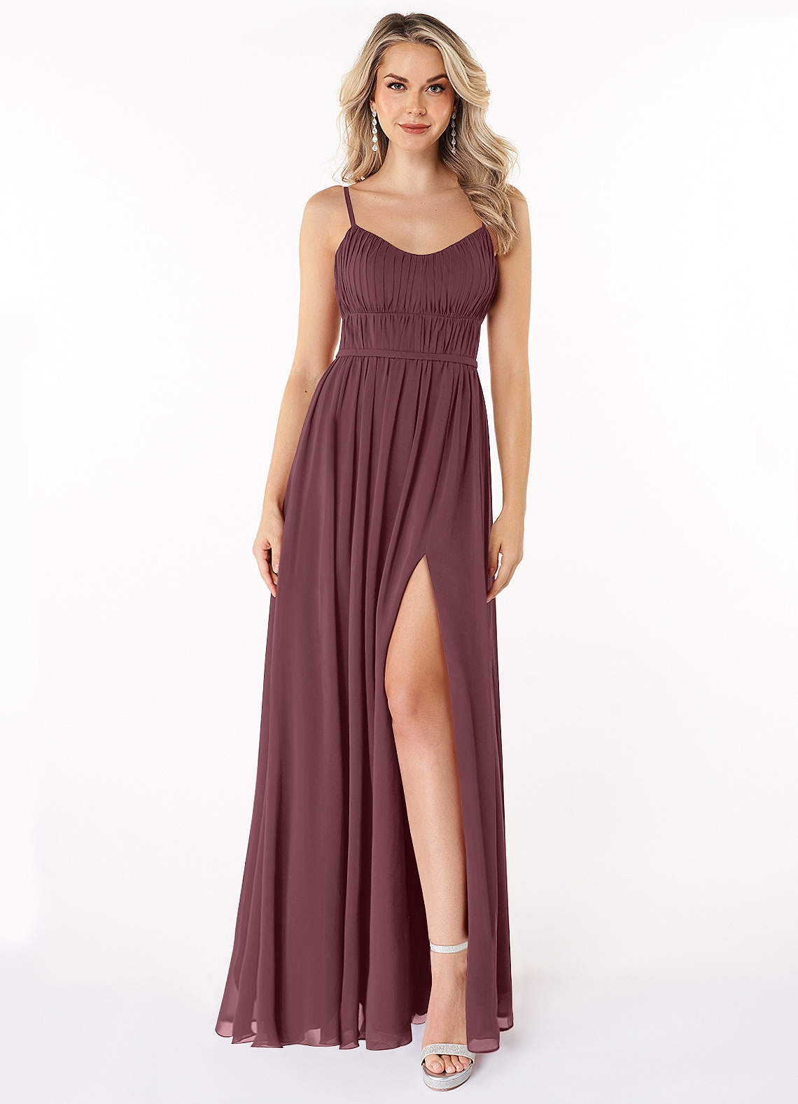 Azazie Yanelie Abiti da Damigella Abito A-Line in Chiffon con Scollo a U a Pieghe Sangria image1
