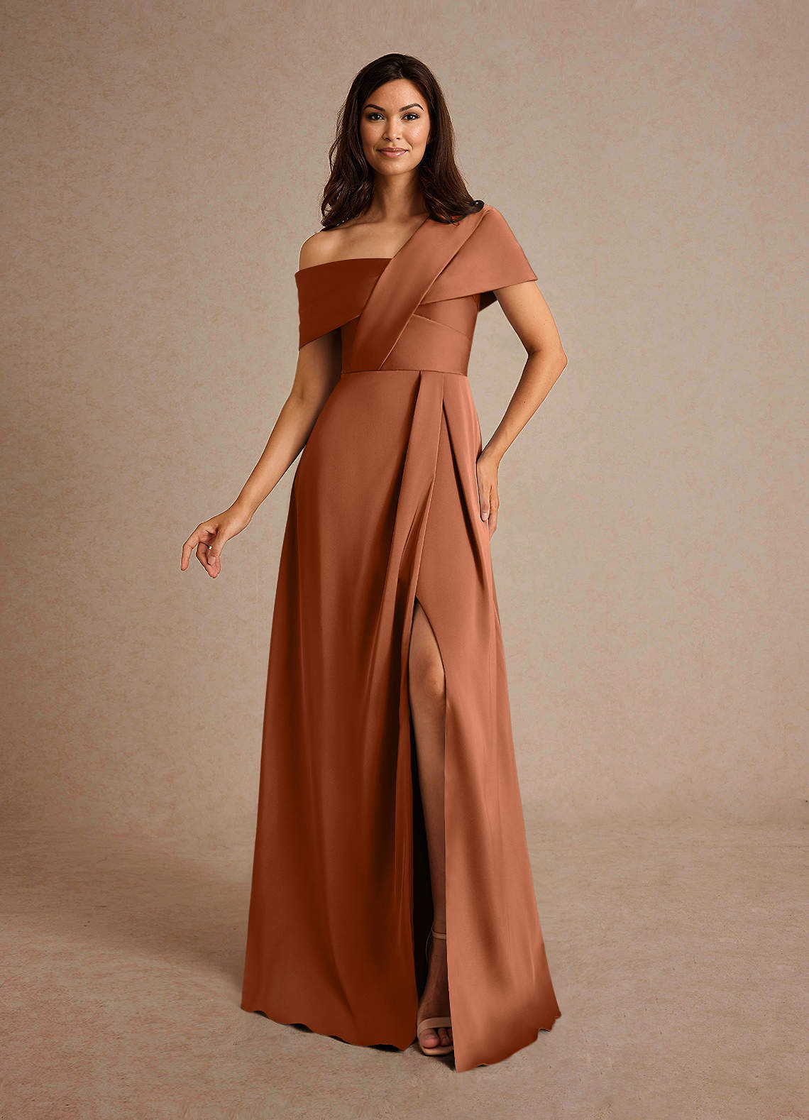 Azazie Milton At-home Try On Dresses Copper A-Line Pleated Stretch Satin Dress image1