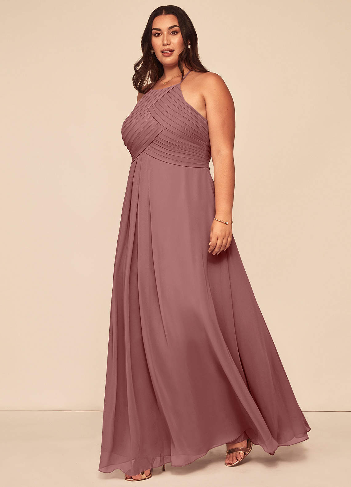 Azazie Ginger Bridesmaid Dresses Desert Rose A-Line Halter Pleated Chiffon Dress image1