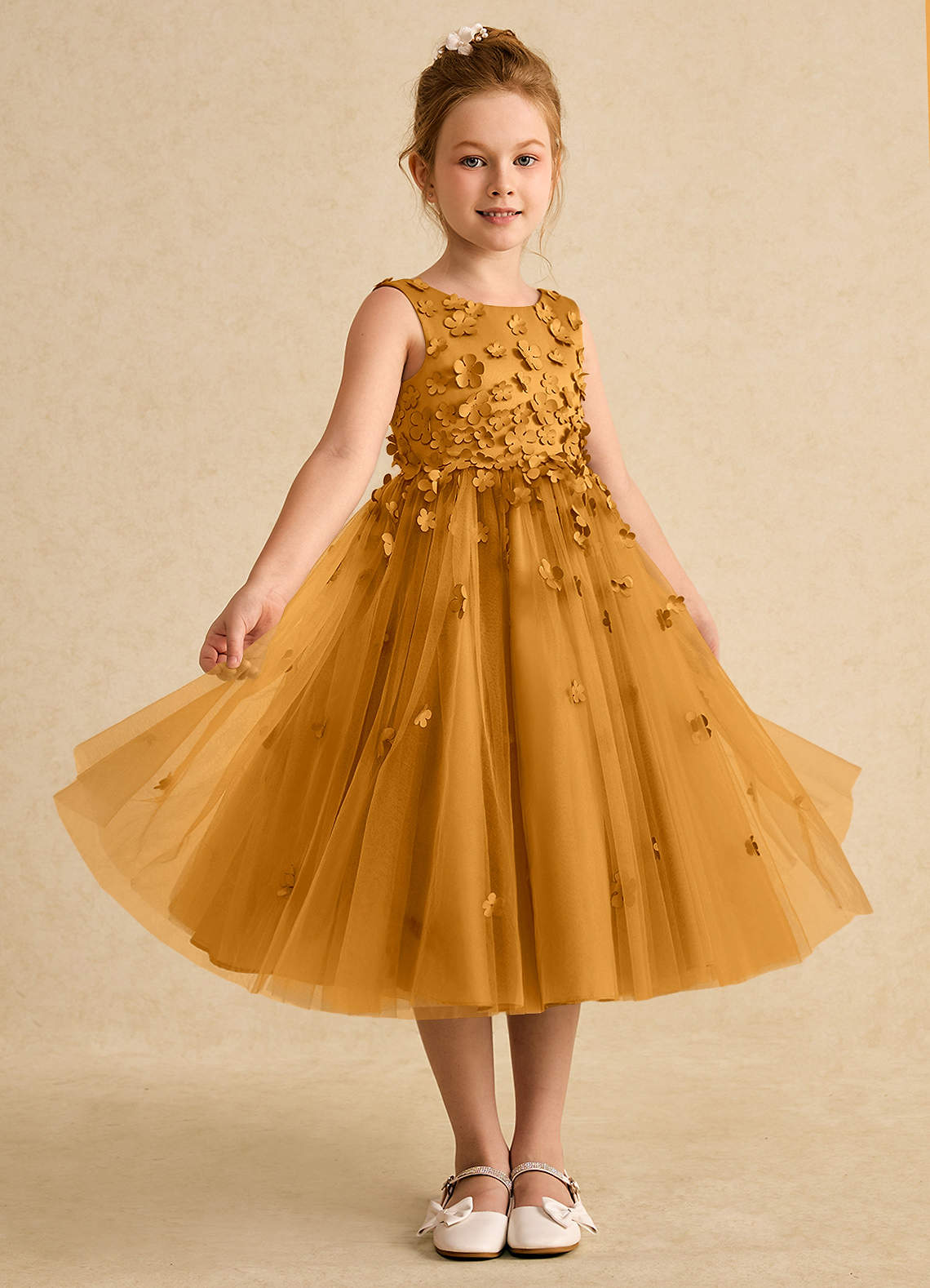 Azazie Lana Flower Girl Dresses Butterscotch A-Line Sleeveless Matte Satin Dress image4