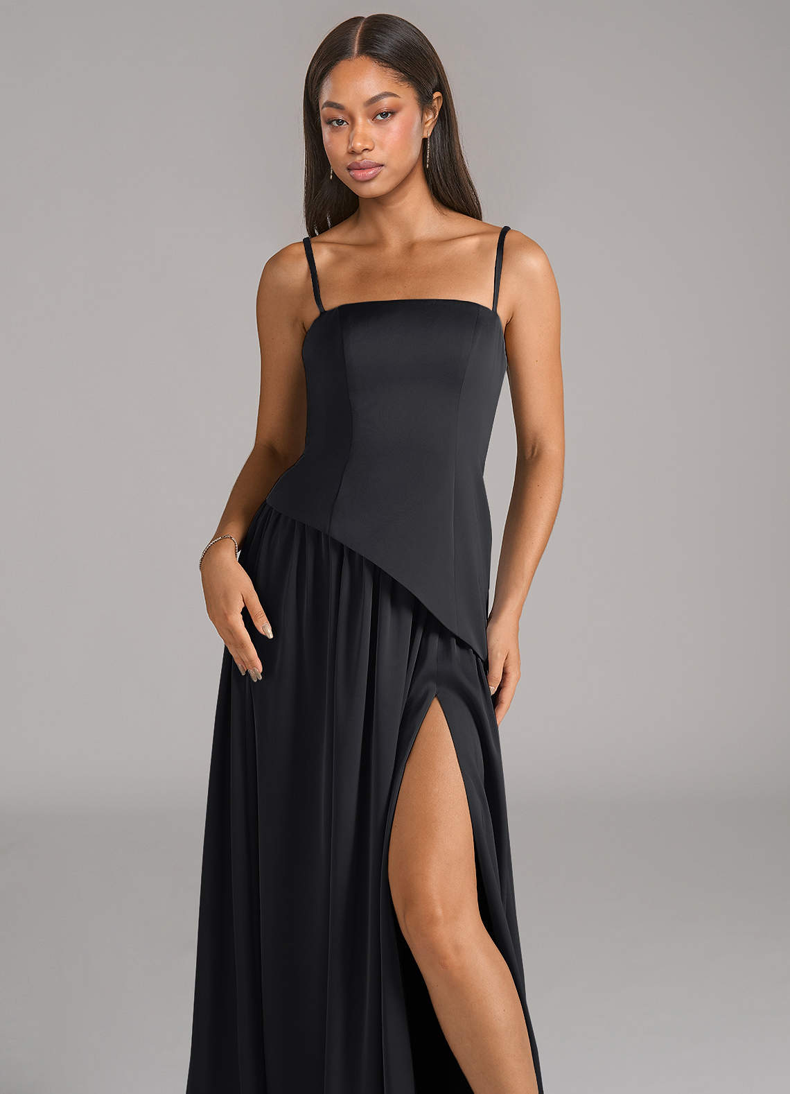 Azazie Adeline Black Stretch Satin Bridesmaid Dresses | Azazie
