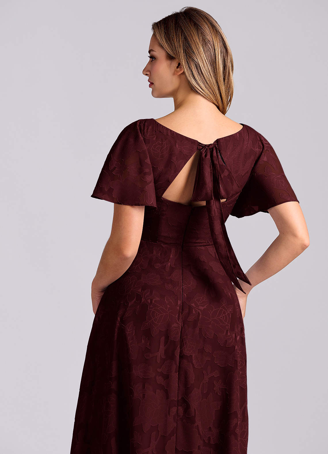 Azazie Kimber Bridesmaid Dresses Cabernet A-Line with Pockets Floral Burnout Dress image1